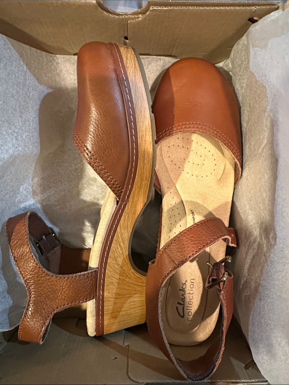 Clarks Tan Leather Mary Jane Clogs with Wood-Effect Wedge